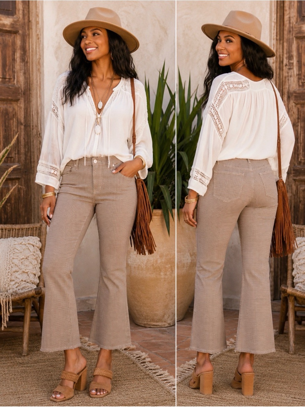 FRAME Le Crop Flare Camel Multi Houndstooth High Rise Pants Size 30 $258